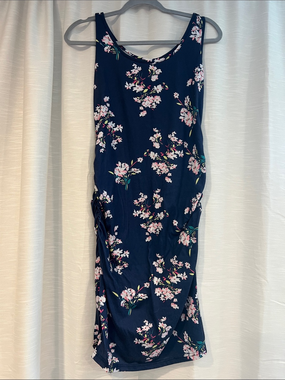 Maternity Navy Floral Sleeveless Midi Dress with Pink Blossoms